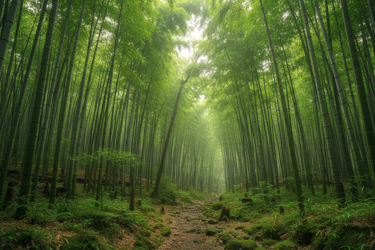 Bamboo forest with a path leading through the trees