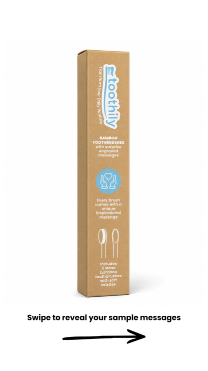 Toothily Traveler 2-Pack kraft box, front, reading bamboo toothbrushes with surprise engraved messages
