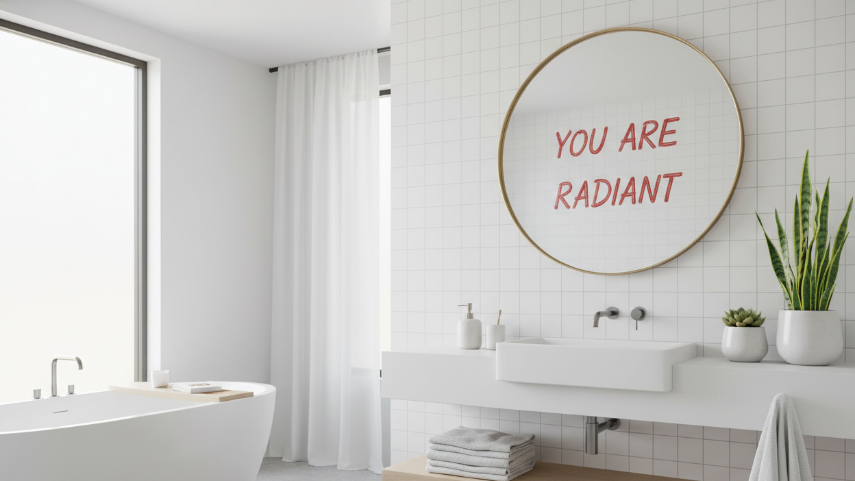 a nice bathroom with a self affirmation written on the mirror