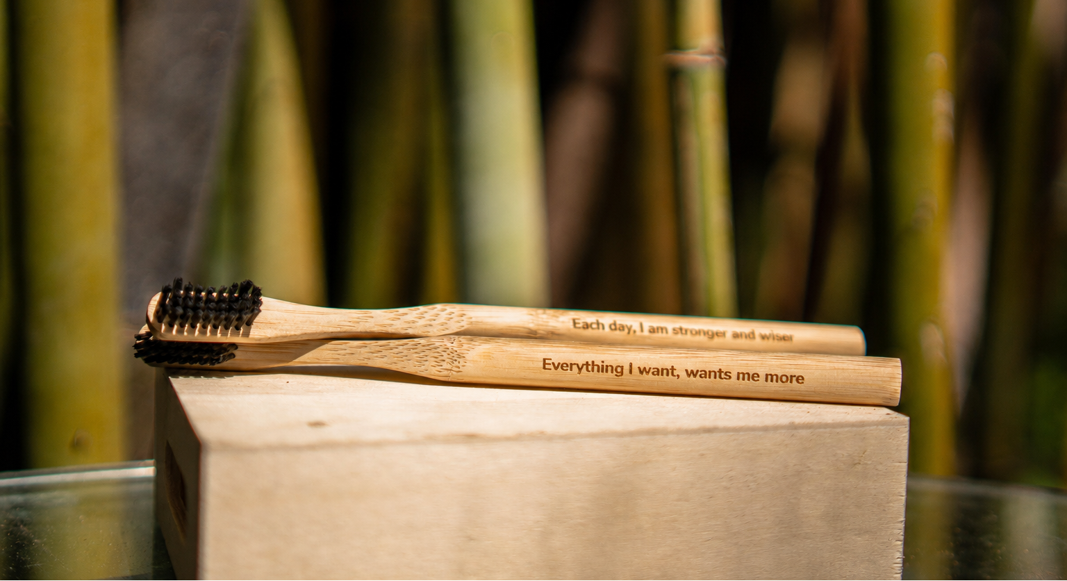 Bamboo toothbrush with motivational quote on a wooden block against a bamboo background