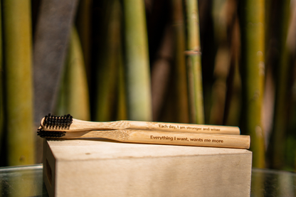 Bamboo toothbrush with motivational quote on a wooden block against a bamboo background