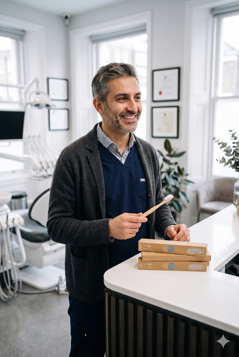 dentist holding bamboo toothbrush