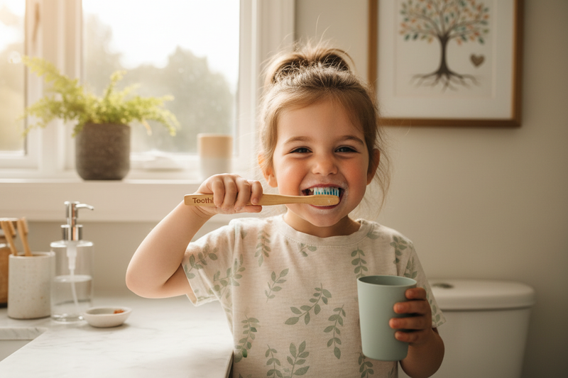 kid brushing with a toothily bamboo toothrush