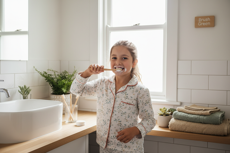 young girl brushing teeth with bamboo toothbrush 